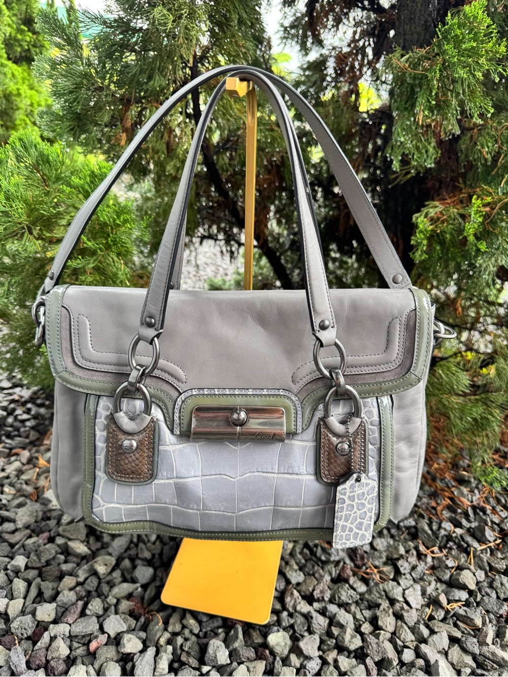 Coach Kristin F18282 Gray Croc Embossed Leather Suede Trim Satchel 2013